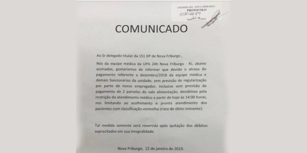 Funcionários enviaram um comunicado ao delegado titular da 151ªDP anunciando a paralisação e reivindicando seus direitos trabalhistas