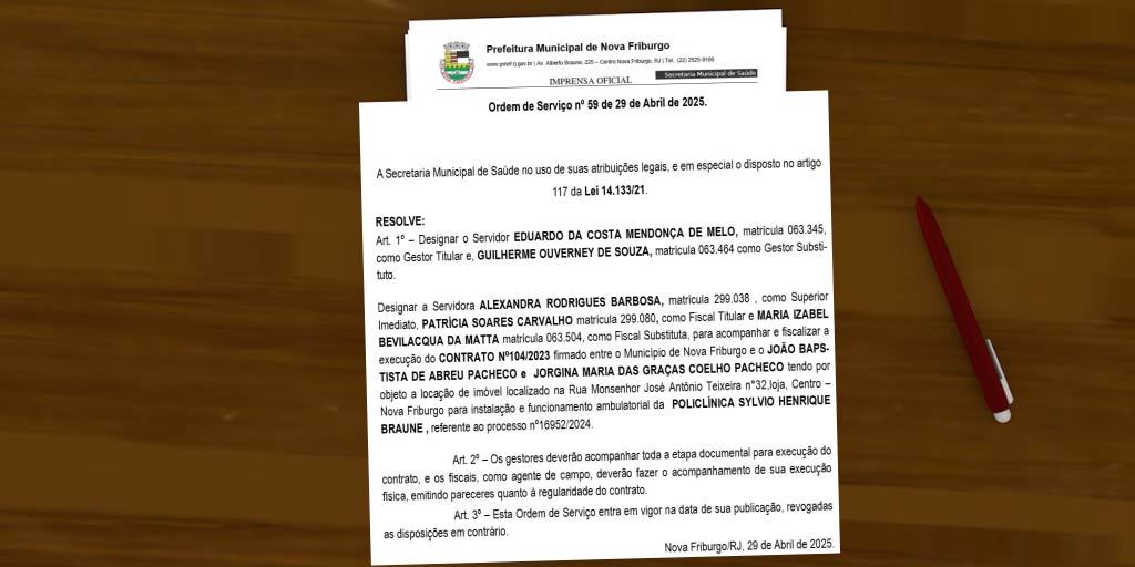 Ordem de serviço foi publicada no dia 5 de maio de 2025, conforme consta no Diário Oficial Eletrônico