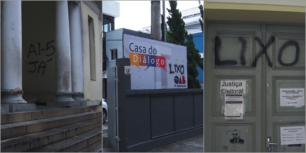 Prédio da Justiça Eleitoral e placa da OAB de Nova Friburgo são alvos de pichação