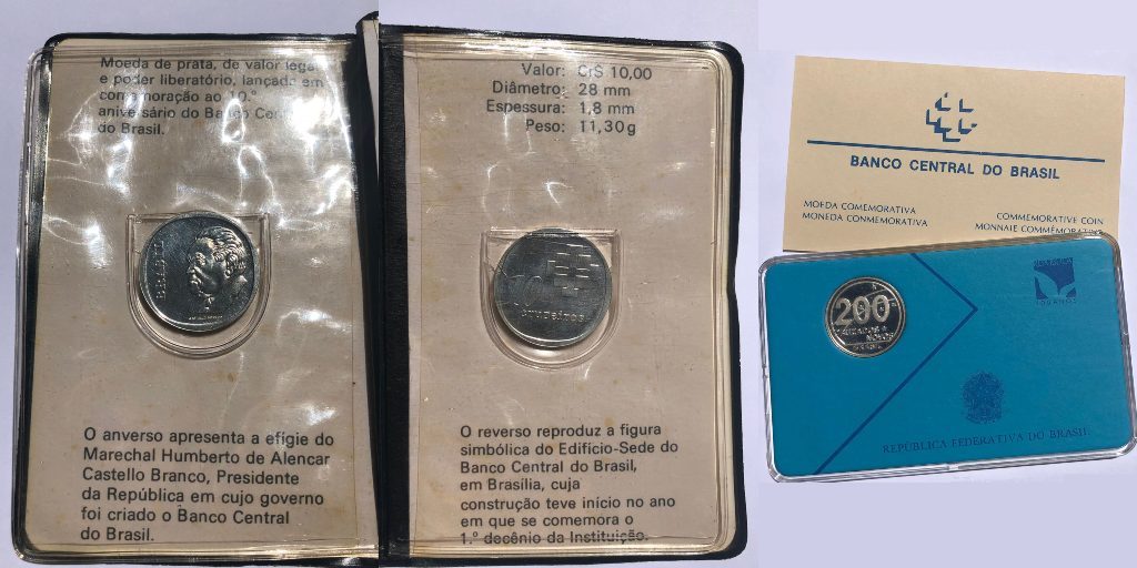 À esquerda e no centro, frente e verso de uma moeda dos anos 1970 em comemoração aos dez anos do Banco Central. À direita, moeda em celebração ao centenário da proclamação da República no Brasil