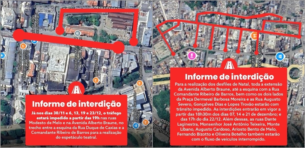 Ilustrações divulgadas pela Prefeitura de Nova Friburgo mostram áreas que serão interditadas para eventos de Natal